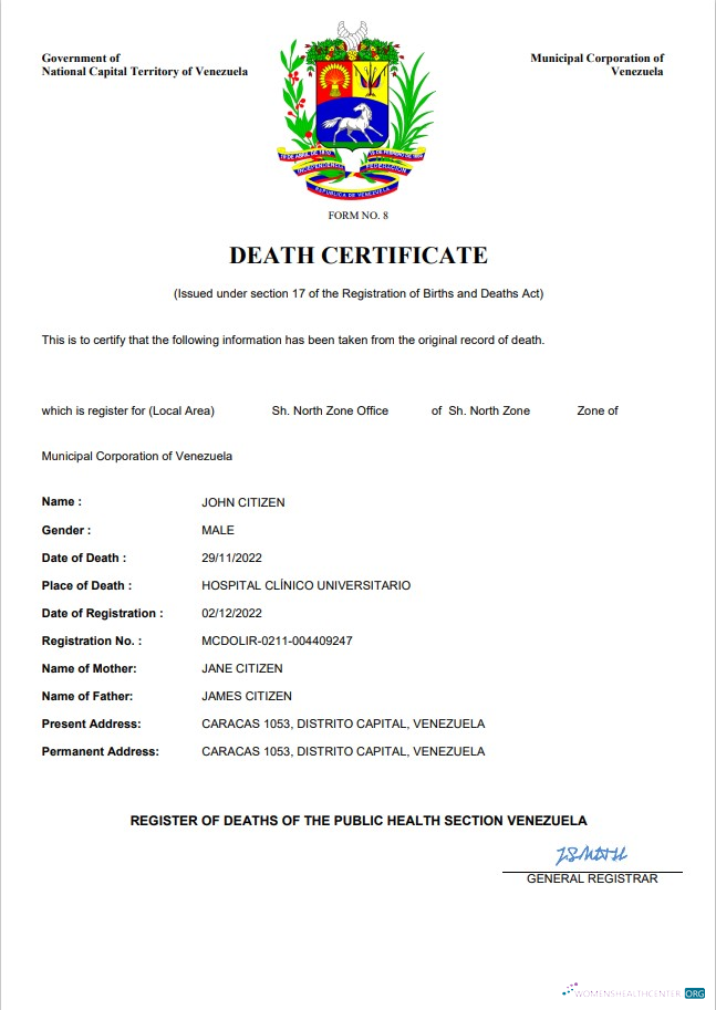 Download Venezuela vital record death certificate Word and PDF template Photoshop template